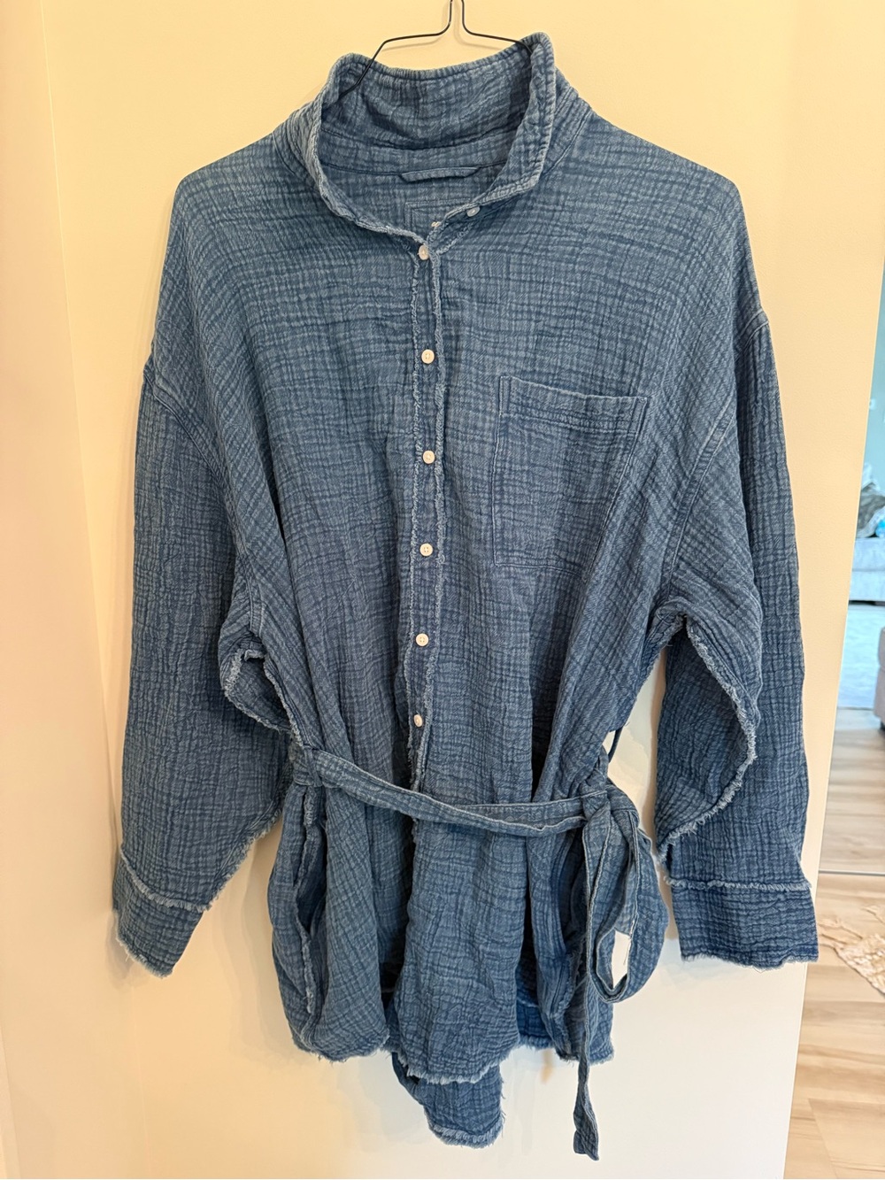 aerie Denim-Blue Gauze Button-Up Romper with Tiewaist